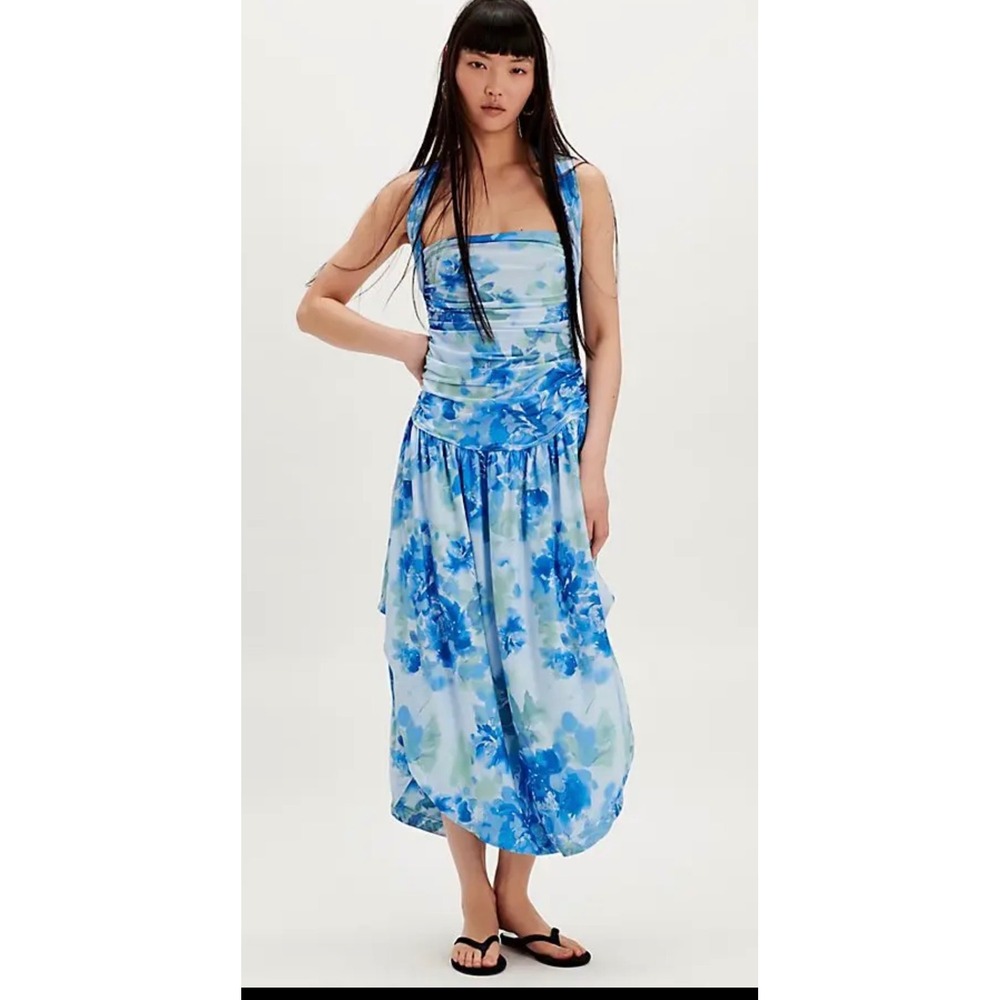 Free People Aqua Combo Blue Floral Ruched‎ Halter Maxi Dress Size M
